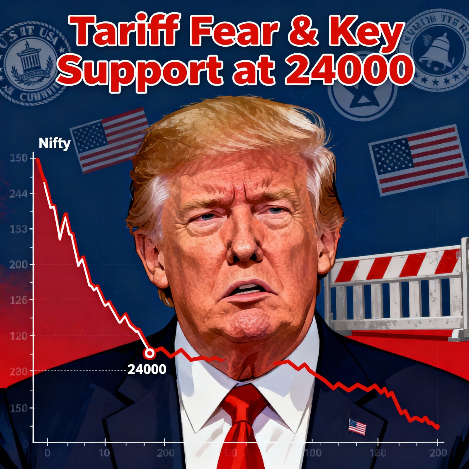 US President Donald Trump with symbols of US tariffs looming over a declining Nifty stock chart approaching key support at 24000