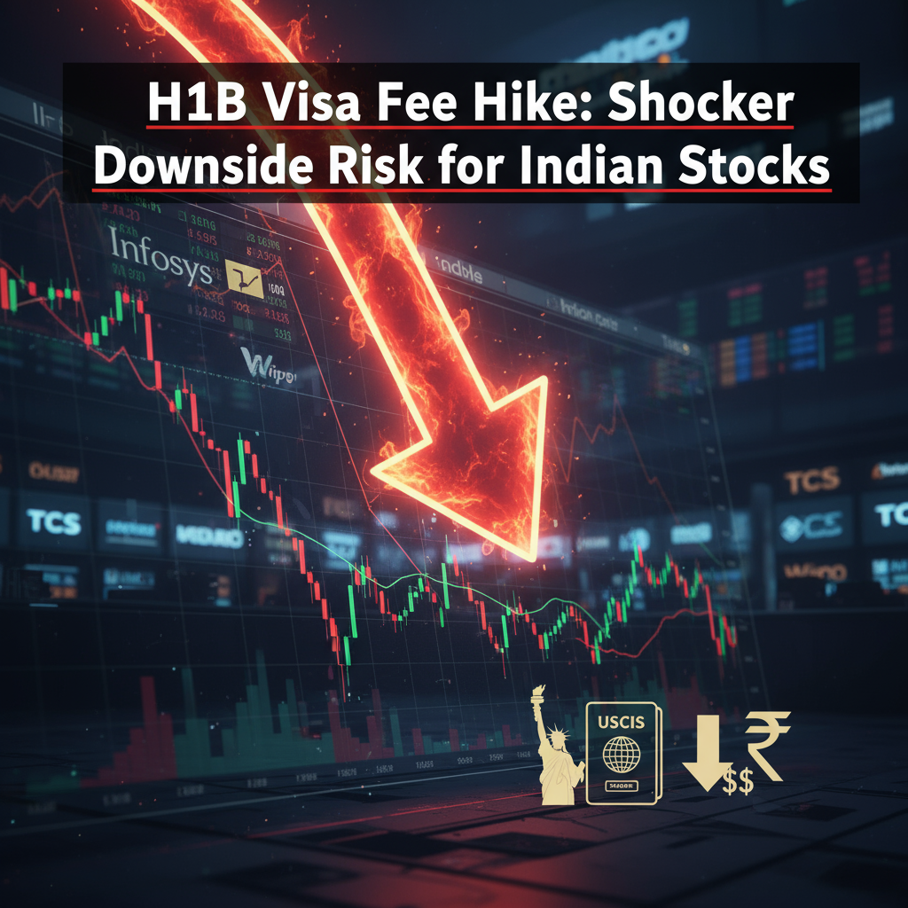 A dramatic visual with a large red downward arrow over an Indian stock market chart, highlighting the $100,000 hike in H1B visa fees and the threat of a sharp downside risk for Indian stocks, including imagery related to US immigration and Indian tech companies.