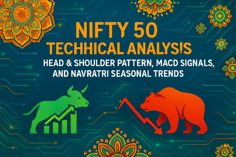Nifty 50 technical analysis blog featured image with Indian stock market and Navratri festival theme, showing bullish and bearish finance symbols