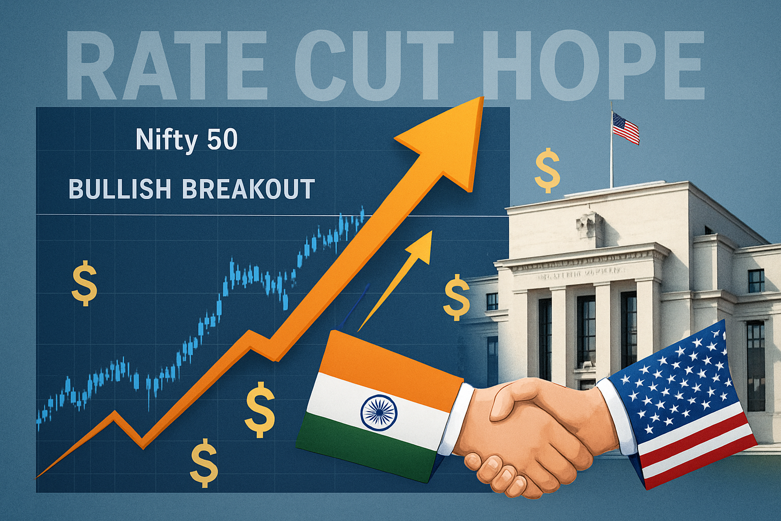 Nifty 50 index bullish breakout, US Federal Reserve rate cut hope, handshake with Indian and US flags symbolizing tariff deal.