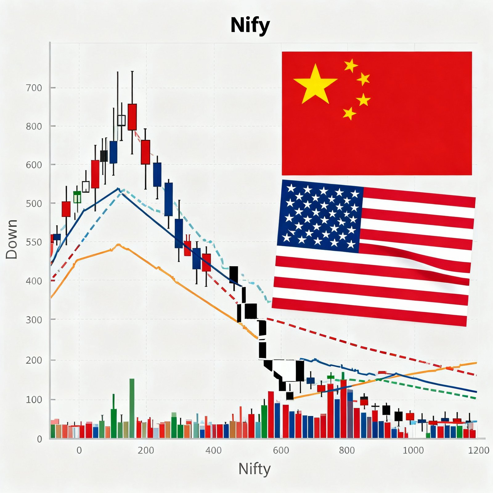Nifty stock market chart showing a gap down with Bollinger Bands and RSI indicators, overlaid with US and China flags symbolizing ongoing trade war tensions.