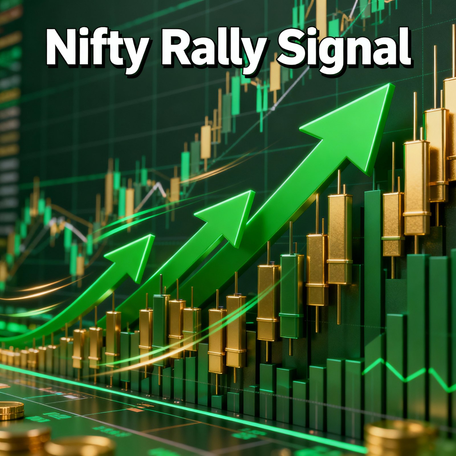 Nifty rally signal with 3D candlestick chart and green bullish arrow
