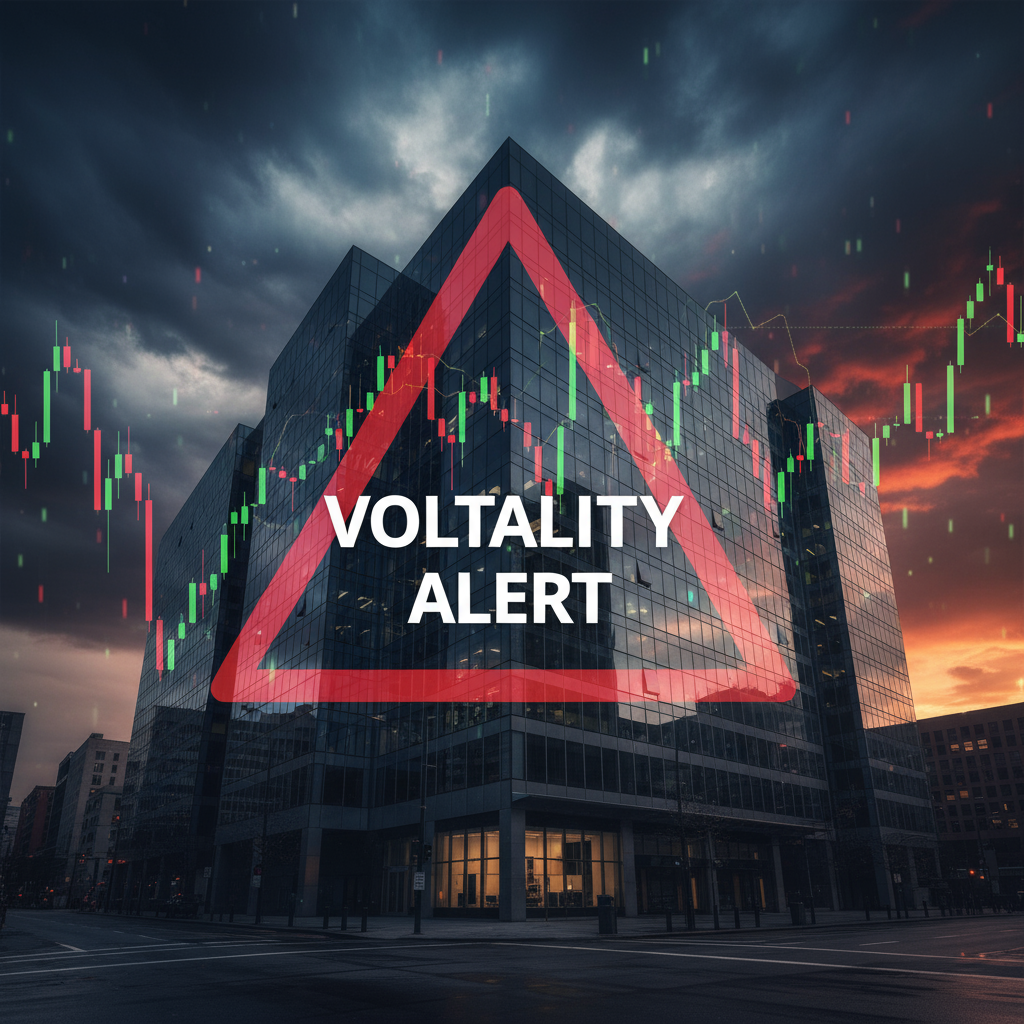 Stock exchange building with a red warning triangle overlay and candlestick chart, symbolizing market volatility alert